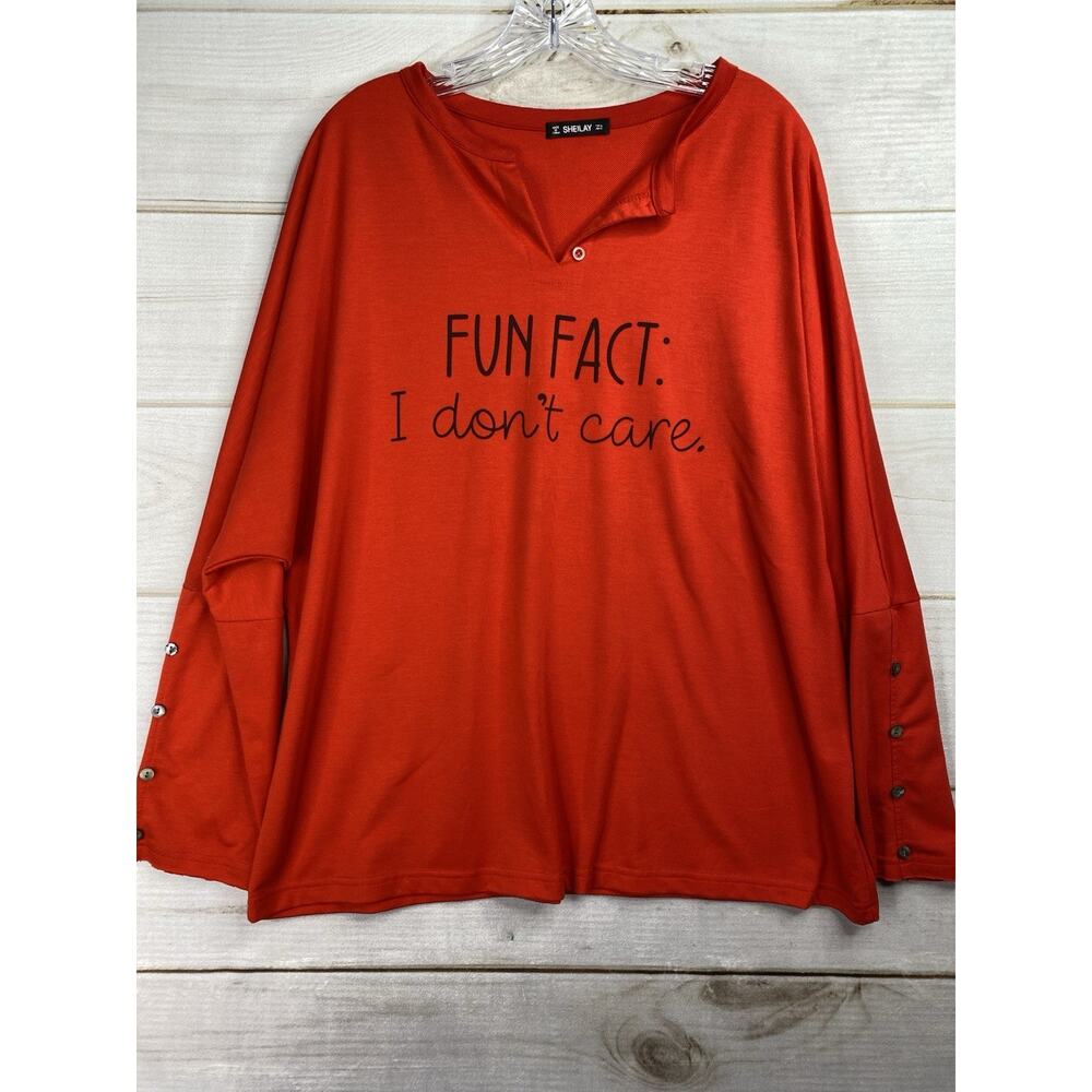 SHEILAY Womens XL Top Red Fun Fact I Don't Care Graphic V Neck Long Sleeve Soft